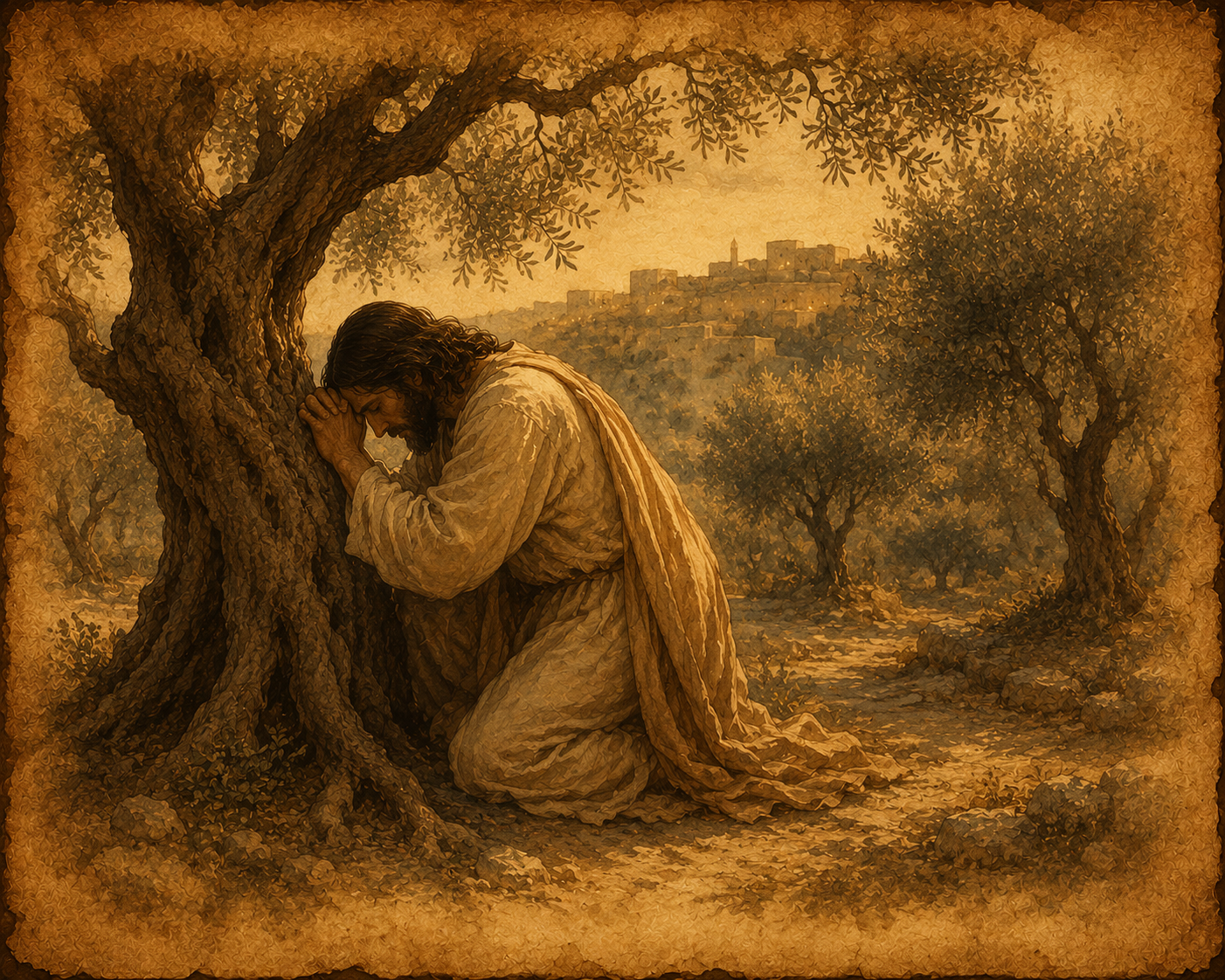 An illustration of Jesus Christ suffering in the Garden of Gethsemane