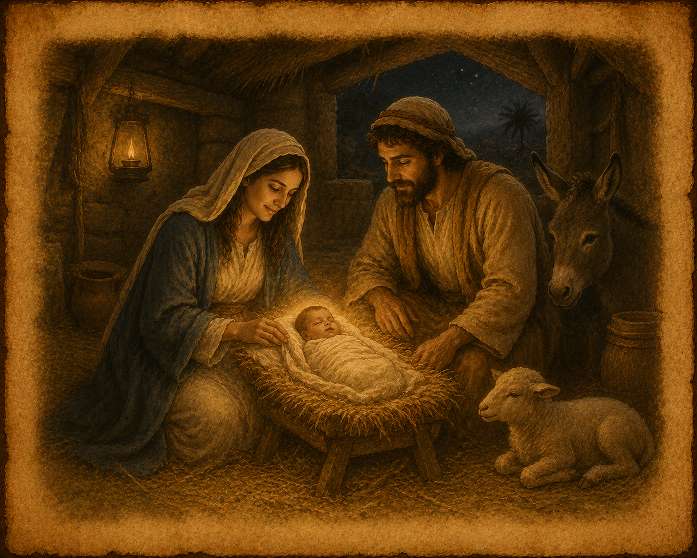 An illustration of the birth of Jesus Christ in Bethlehem