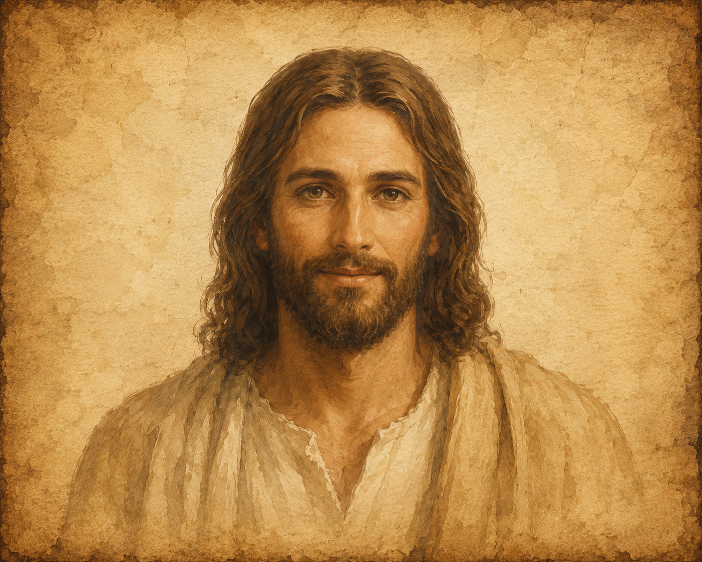 A watercolor portrait of Jesus Christ on aged parchment