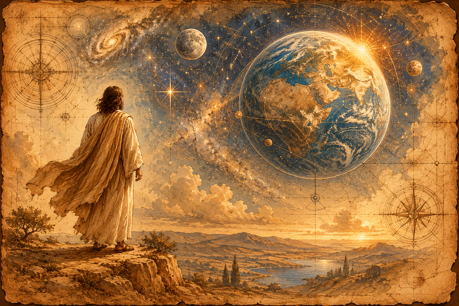 An illustration of Jesus Christ in the premortal realm, designing the universe with the Father