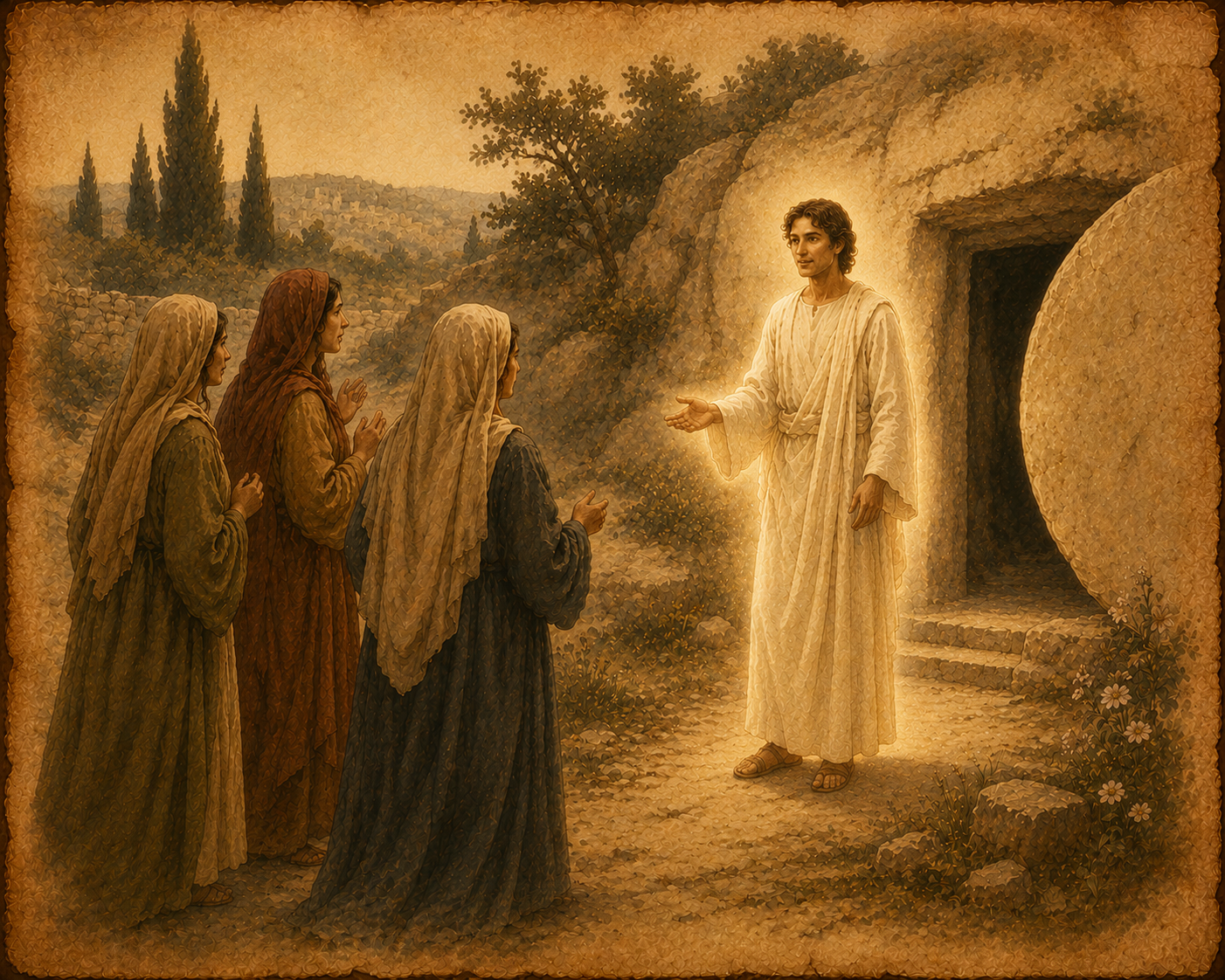 An illustration of the women speaking with the angel at the empty tomb on the morning of the Resurrection