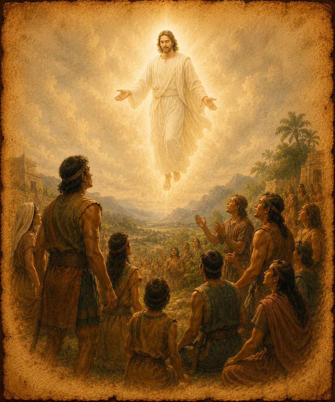 An illustration of Jesus Christ visiting the peoples of the ancient Americas after His resurrection
